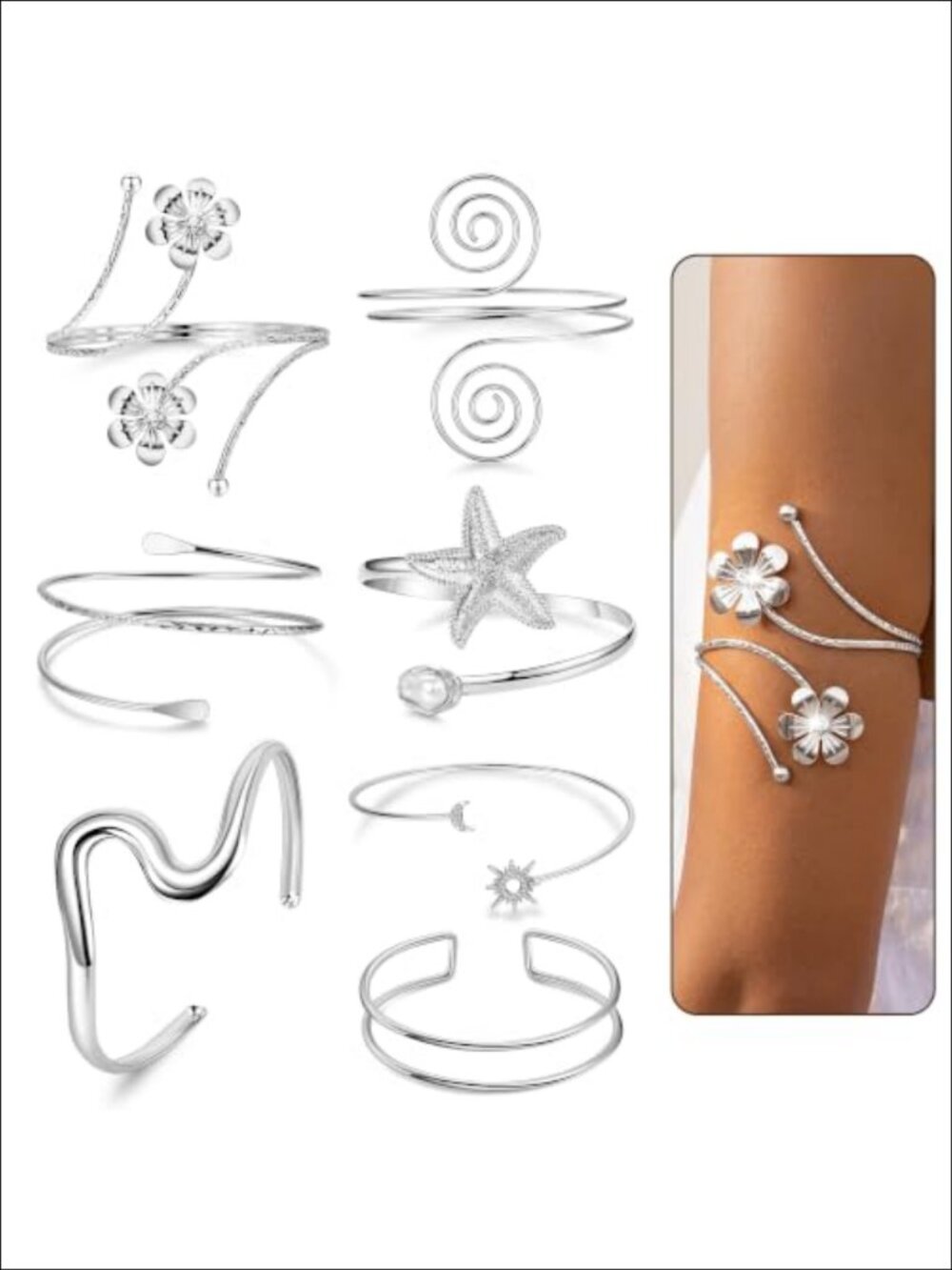 7Pc Gold Arm Cuff Bracelet Set Adjustable Boho Coil Bangle Armlet Jewelry